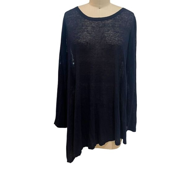 EILEEN FISHER Sweater SZ Med Organic Linen Blend Sheer Asymmetric Pullover Navy - Picture 1 of 6